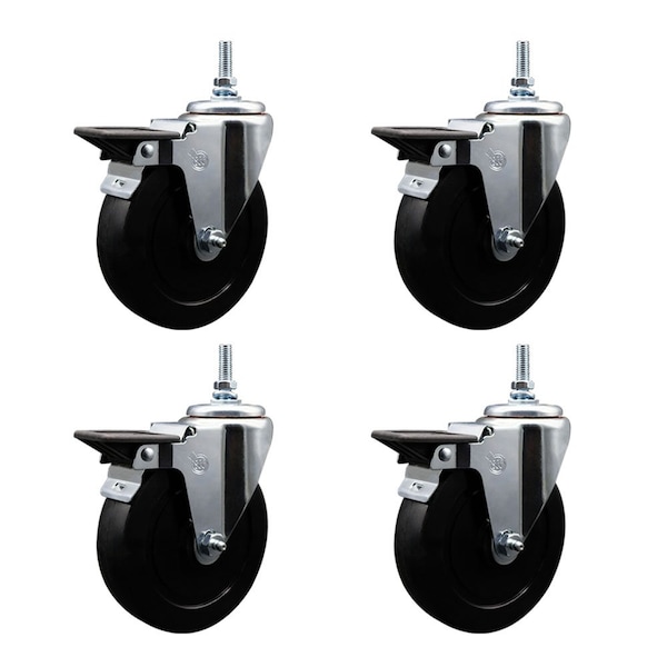 5 Inch Soft Rubber 38 Inch Threaded Stem Caster Set with Brake